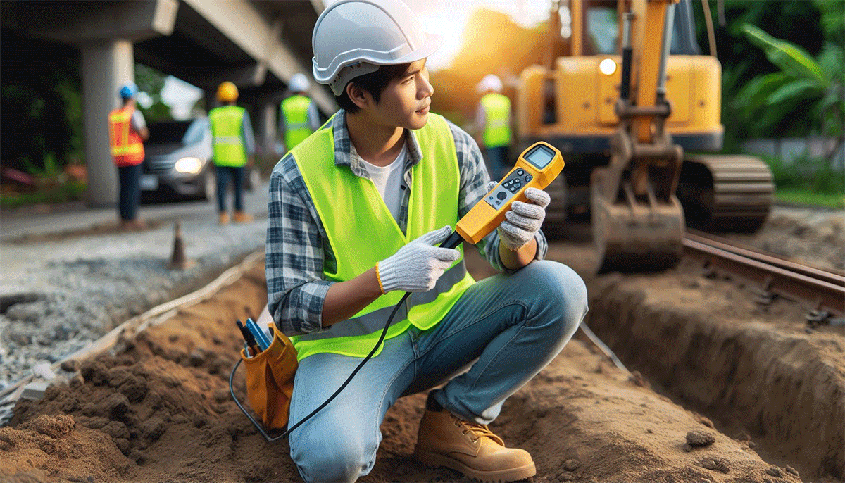 Workman on a construction site using CAT AND GENNY to locate utilities